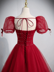 Burgundy A line Tulle Long Prom Dress, Burgundy Evening Dress TP1123