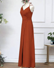 Burnt Orange Slit Bridesmaid Dresses With Straps