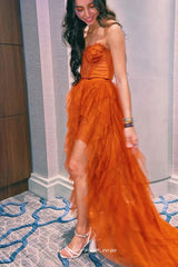Burnt Orange Lace Ruffles Tulle High Low Strapless Fashion Prom Dresses, CP1105