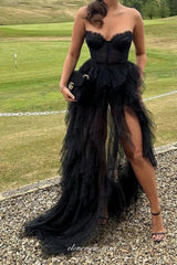 Burnt Orange Lace Ruffles Tulle High Low Strapless Fashion Prom Dresses, CP1105