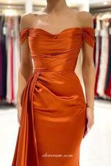 Burnt Orange Satin Off The Shoulder With Sweep Trap Formal Dresses, CP0937