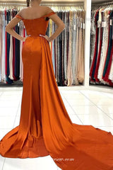 Burnt Orange Satin Off The Shoulder With Sweep Trap Formal Dresses, CP0937