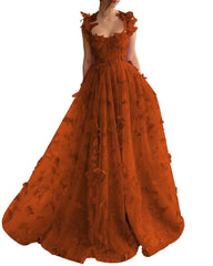 Long Tulle Prom Dress with 3D Butterflies Floor Length Formal Evening Party Gowns for Women Lace Applique