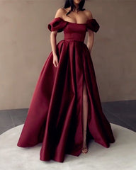 Sexy Off The Shoulder Long Satin Dresses With Slit