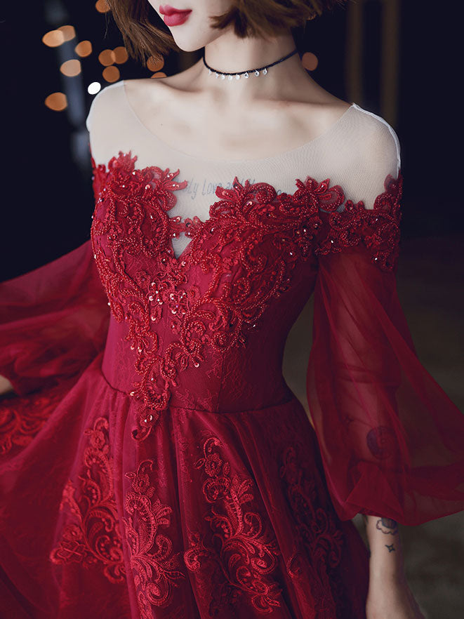 Burgundy A-Line Lace Long Prom Dresses, Burgundy Formal Evening Dresses