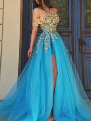 Aline Blue Lace Long Prom Dress, Blue Formal Graduation Dresses