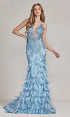Sequin Prom Dress with Feathers and 3-D Flowers