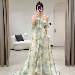 Elegant A Line Halter Chiffon Ombre Green Long Prom Dresses Evening Party Dress HZ1024