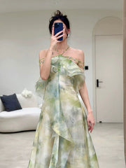 Elegant A Line Halter Chiffon Ombre Green Long Prom Dresses Evening Party Dress HZ1024