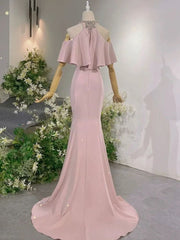 Exotic Pink Mermaid Prom Dresses for Party Events Crystal Neckline