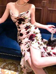 Simple Sheath Spaghetti Straps Floral Long Prom Dresses Evening Dress With Ruffles HZ1024