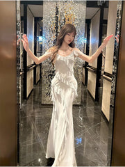 Modest Sheath Spaghetti Straps Chiffon Long Prom Dresses Evening Dress With Ruffles HZ1024