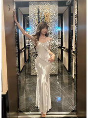 Modest Sheath Spaghetti Straps Chiffon Long Prom Dresses Evening Dress With Ruffles HZ1024