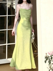 Modest Sheath Spaghetti Straps Green Long Prom Dresses Evening Dress With Ruffles HZ1024