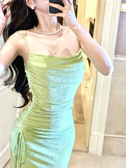 Modest Sheath Spaghetti Straps Green Long Prom Dresses Evening Dress With Ruffles HZ1024