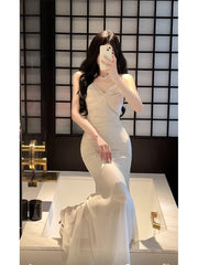 Modest Sheath Spaghetti Straps Ivory Long Prom Dresses Evening Dress With Ruffles HZ1024