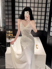 Modest Sheath Spaghetti Straps Ivory Long Prom Dresses Evening Dress With Ruffles HZ1024