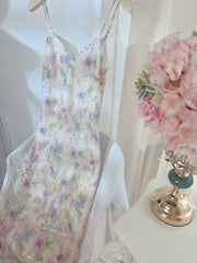 Modest Sheath Spaghetti Straps Lilac Floral Long Prom Dresses Evening Dress HZ1024