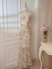 Modest Sheath Spaghetti Straps Lilac Floral Long Prom Dresses Evening Dress HZ1024