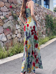 Modest Sheath Spaghetti Straps Floral Red Long Prom Dresses Evening Dress HZ1024