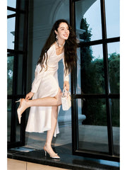 Modest Sheath Square Neckline White Long Prom Dresses Slit Evening Dress HZ1024