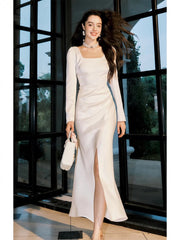 Modest Sheath Square Neckline White Long Prom Dresses Slit Evening Dress HZ1024