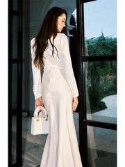 Modest Sheath Square Neckline White Long Prom Dresses Slit Evening Dress HZ1024