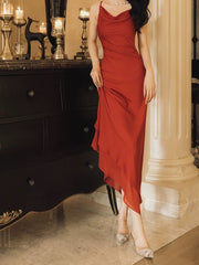 Modest Sheath Spaghetti Straps Red Chiffon Prom Dresses Ruffles Evening Dress HZ1024