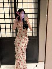 Modest Sheath Spaghetti Straps Pink Floral Chiffon Prom Dresses Ruffles Evening Dress HZ1024