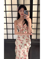 Modest Sheath Spaghetti Straps Pink Floral Chiffon Prom Dresses Ruffles Evening Dress HZ1024