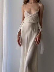 Modest A Line Spaghetti Straps White Prom Dresses Ruffles Backless Evening Dress HZ1024