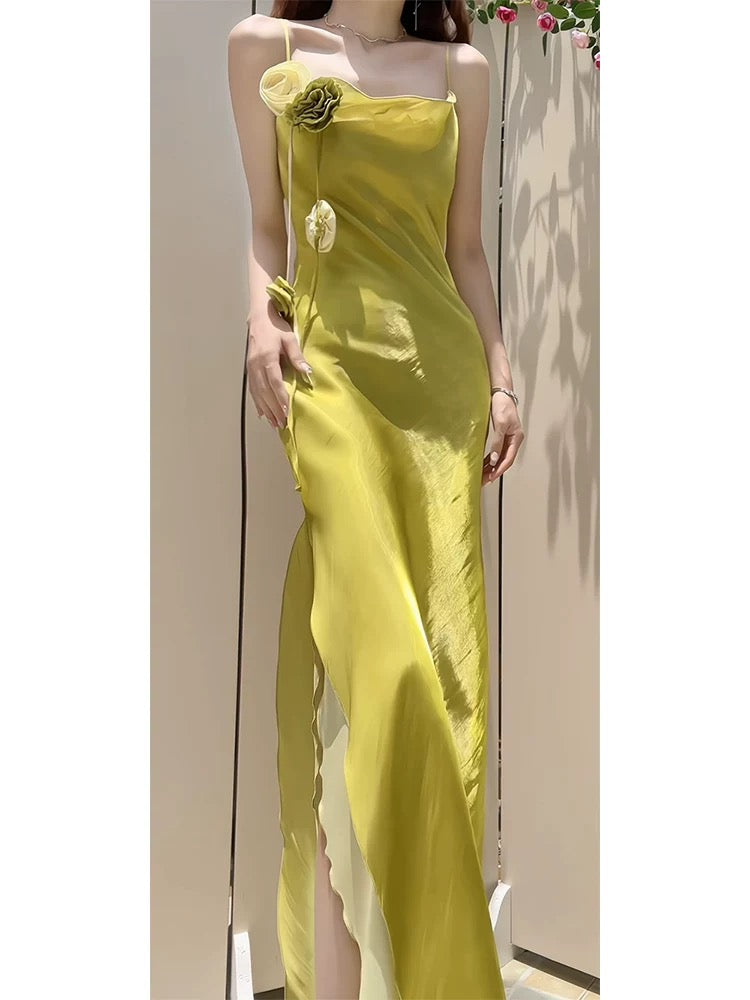 Pretty Sheath Spaghetti Straps Green Long Prom Dresses Evening Dress With Flowers HZ1024
