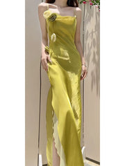Pretty Sheath Spaghetti Straps Green Long Prom Dresses Evening Dress With Flowers HZ1024