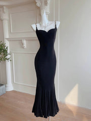 Pretty Sheath Spaghetti Straps Black Long Prom Dresses Evening Dress With Ruffles HZ1024