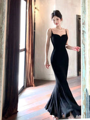 Pretty Sheath Spaghetti Straps Black Long Prom Dresses Evening Dress With Ruffles HZ1024