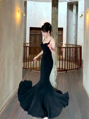Pretty Sheath Spaghetti Straps Black Long Prom Dresses Evening Dress With Ruffles HZ1024