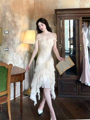 Pretty High Low Spaghetti Straps Chiffon Prom Dresses Evening Dress With Ruffles HZ1024