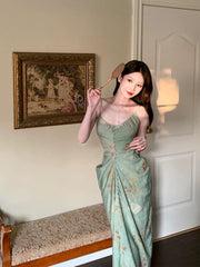 Modest Sheath Spaghetti Straps Green Floral Long Prom Dresses Backless Evening Dress HZ1024