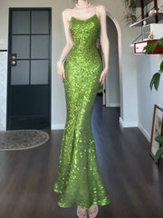 Pretty Sheath Spaghetti Straps Green Sequin Prom Dresses Sexy Evening Dress HZ1024