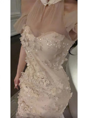 Pretty Mermaid High Neckline White Tulle Floral Prom Dresses Sexy Evening Dress HZ1024