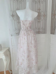 Pretty A Line Strapless Floral Pink Chiffon Prom Dresses Sexy Evening Dress HZ1024