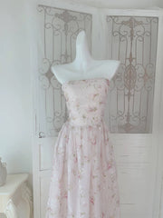 Pretty A Line Strapless Floral Pink Chiffon Prom Dresses Sexy Evening Dress HZ1024