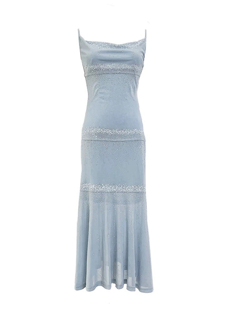 Pretty Sheath Straps Blue Beads Prom Dresses Sexy Evening Dress HZ1024