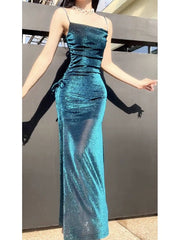 Pretty Sheath Spaghetti Straps Blue Sequin Long Prom Dresses Sexy Evening Dress HZ1024
