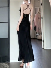 Pretty Sheath Spaghetti Straps Black Silk Satin Prom Dresses Sexy Evening Dress HZ1024
