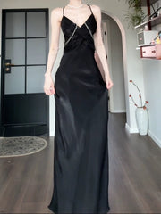 Pretty Sheath Spaghetti Straps Black Silk Satin Prom Dresses Sexy Evening Dress HZ1024