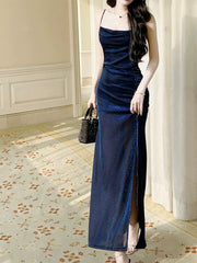 Pretty Sheath Straps Floor Length Royal Blue Slit Prom Dresses Simple Evening Dress HZ1024