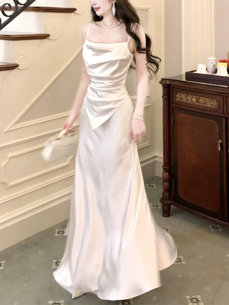 Modest Sheath Spaghetti Straps White Long Prom Dresses Sexy Evening Dress HZ1024