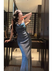 Sexy Sheath Spaghetti Straps Sleeveless Navy Blue Sequin Prom Dresses Evening Gowns HZ1024