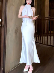 Pretty Mermaid Halter Sleeveless White Chiffon Long Prom Dresses Evening Dress HZ1024
